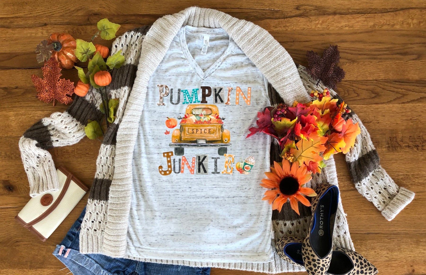 Pumpkin Spice Junkie Fall Autumn Truck Bella White Marble Unisex V Neck T-Shirt
