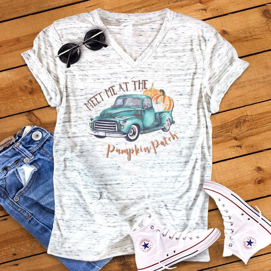 Meet Me At The Pumpkin Patch Fall Autumn Vintage Blue Watercolor Truck Bella White Marble Unisex V Neck T-Shirt