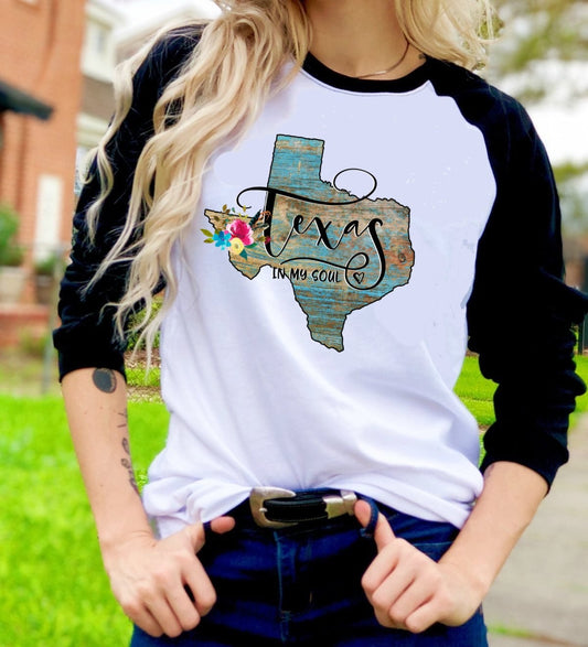 Texas In My Soul Floral Watercolor Unisex Raglan Graphic Tee T-Shirt