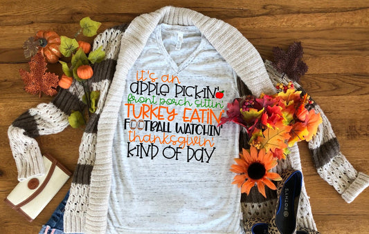 Thanksgiving Fall Football, Fall Quote, Kind of Day, Fall Shirt, Funny Turkey t-shirt  Autumn Bella Marble Unisex V Neck T-Shirt