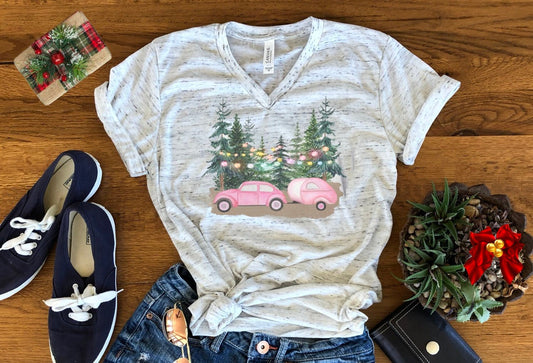 Merry Christmas Vintage Pink Car Camper Truck With Trees Christmas Bella Unisex V Neck T-Shirt