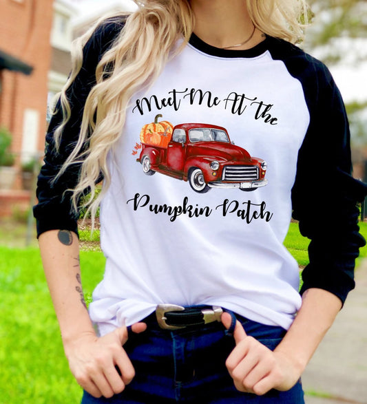 Meet Me At The Pumpkin Patch Truck Fall Autumn Novelty Graphic Tee T-Shirt Raglan Shirt