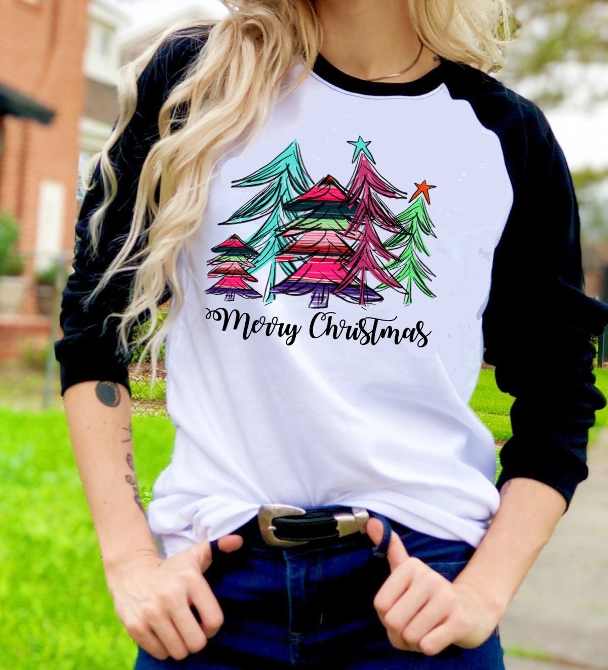 Serape Print Christmas Trees t-shirt Raglan shirt Novelty Graphic Tee T-Shirt Raglan