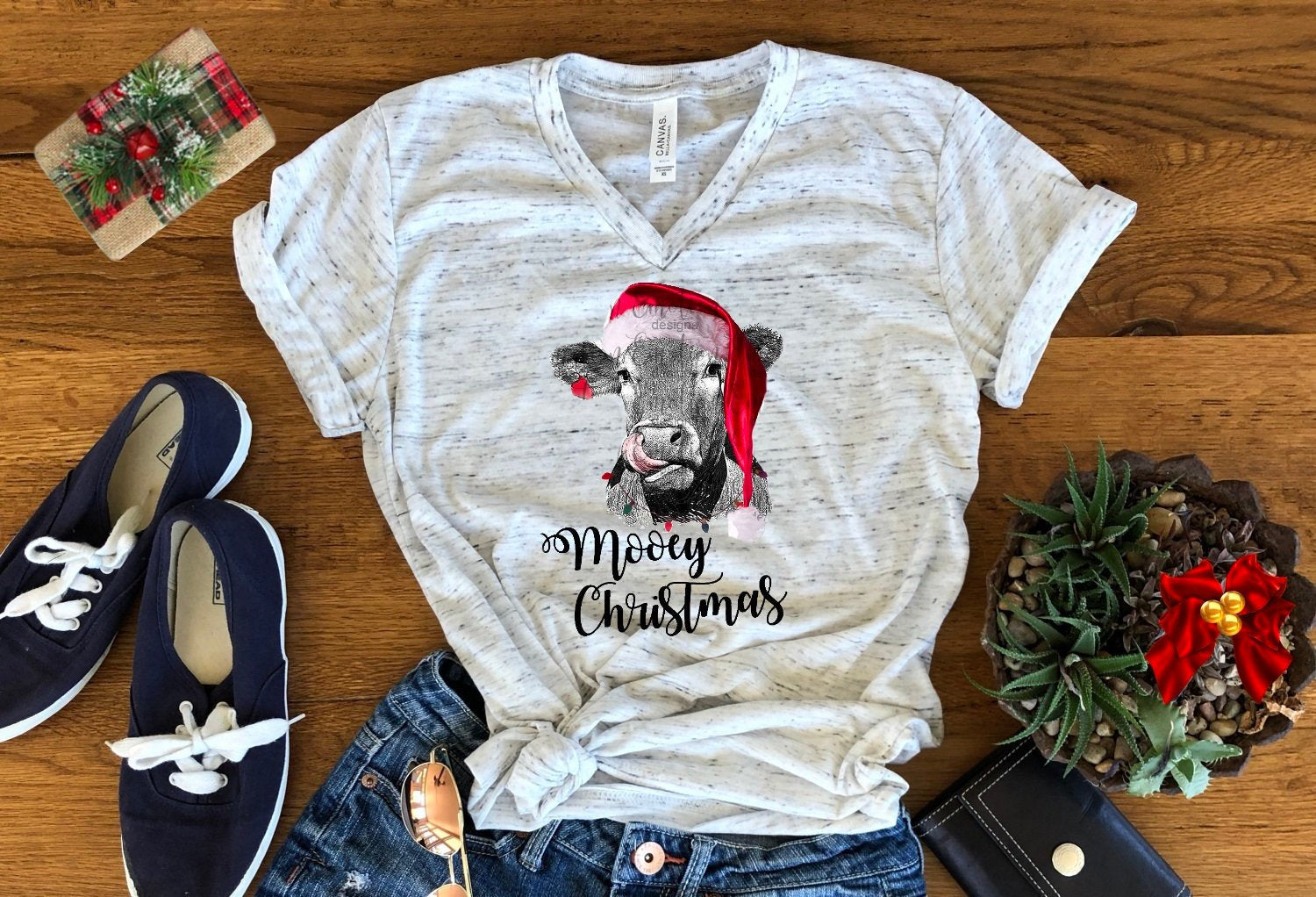 Mooey Christmas Funny Cow Santa Hat Christmas Bella Unisex V Neck T-Shirt