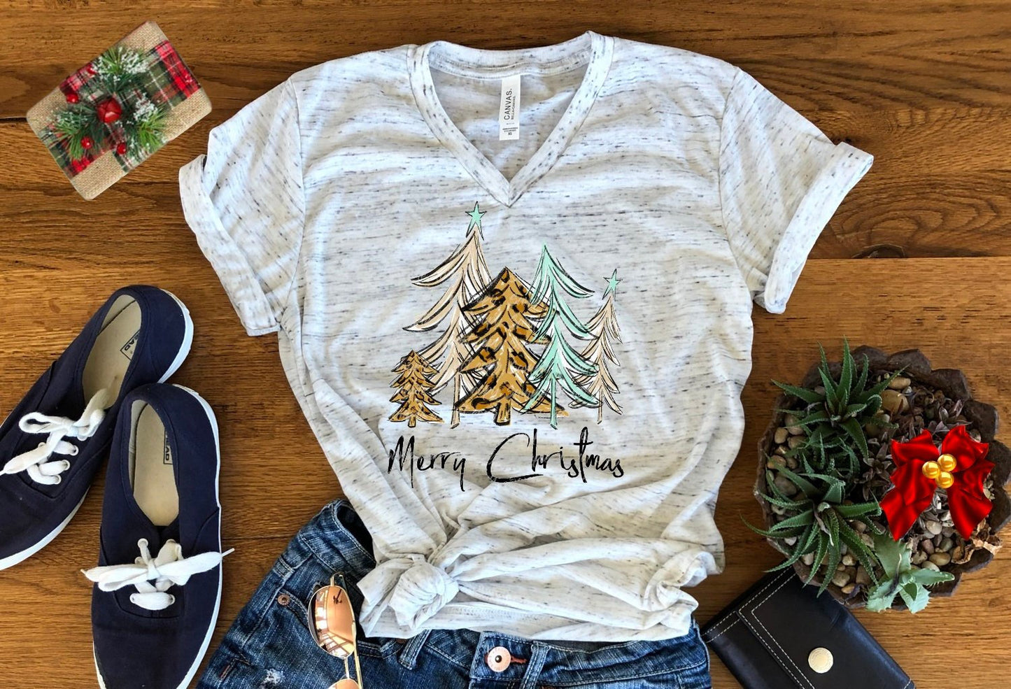 Merry Christmas Leopard Print Trees Christmas Bella Unisex V Neck T-Shirt