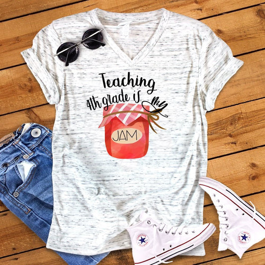 Teaching 4th Grade Is My Jam Back To School Teacher Novelty Unisex V Neck Graphic Tee T-Shirt