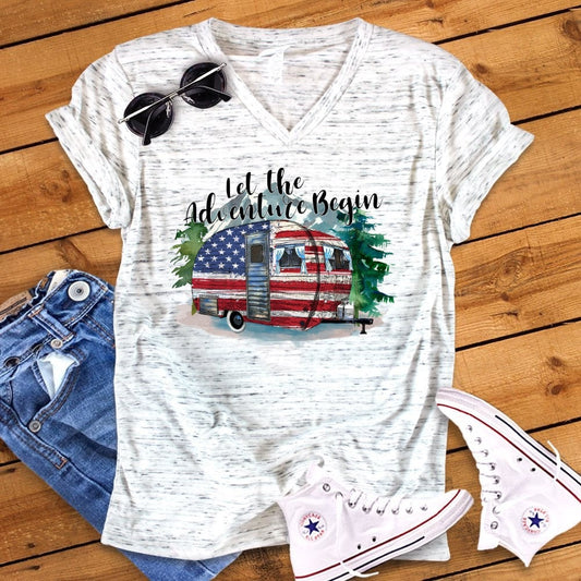 Let The Adventure Begin Camper Camping RV Floral Watercolor Unisex V Neck Graphic Tee T-Shirt