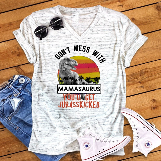Don't Mess With Mamasaurus Jurassic Funny Dinosaur Mom Shirt White Marble Unisex V Neck T-Shirt
