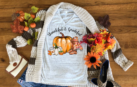 Thankful and Grateful Thanksgiving Fall Autumn Truck Bella White Marble Unisex V Neck T-Shirt