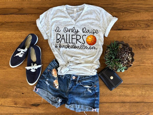 I Only Raise Ballers Basketball Mom Bella White Marble Unisex V Neck T-Shirt