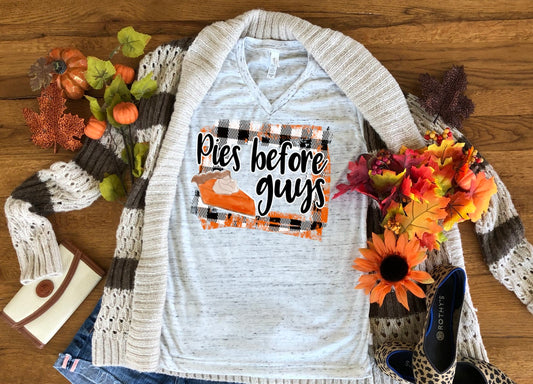 Pies Before Guys Funny Pumpkin Pie Thanksgiving Fall Autumn Vintage Watercolor Truck Bella White Marble Unisex V Neck T-Shirt