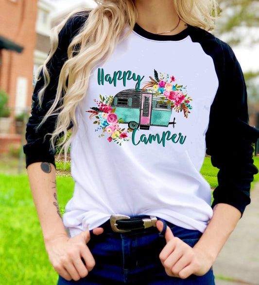 Happy Camper Camping RV Floral Watercolor Camper Novelty Graphic Tee T-Shirt Raglan Shirt