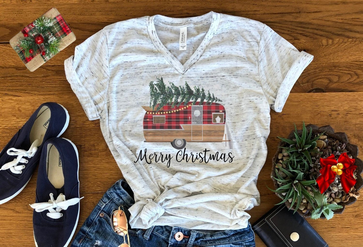 Merry Christmas Buffalo Plaid Vintage Camper Christmas Tree Bella Unisex V Neck T-Shirt
