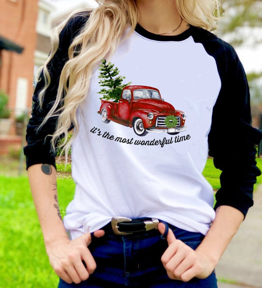 Most Wonderful Time Merry Christmas Vintage Truck Christmas Trees t-shirt Raglan shirt Novelty Graphic Tee T-Shirt Raglan
