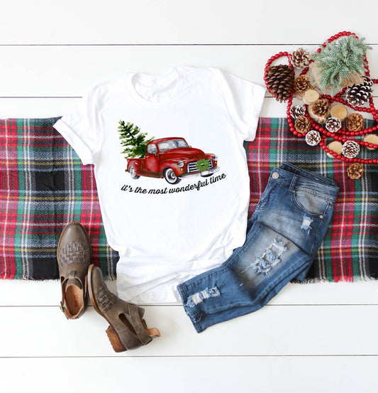 Most Wonderful Time Vintage Christmas Tree Truck Unisex White Graphic Tee T-Shirt