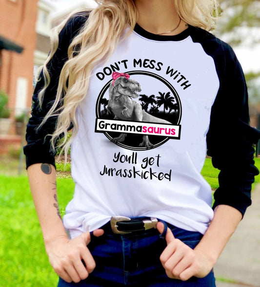 Don't Mess With Grammasaurus Funny Dinosaur Grandma Shirt  Novelty Graphic Tee T-Shirt Raglan Shirt