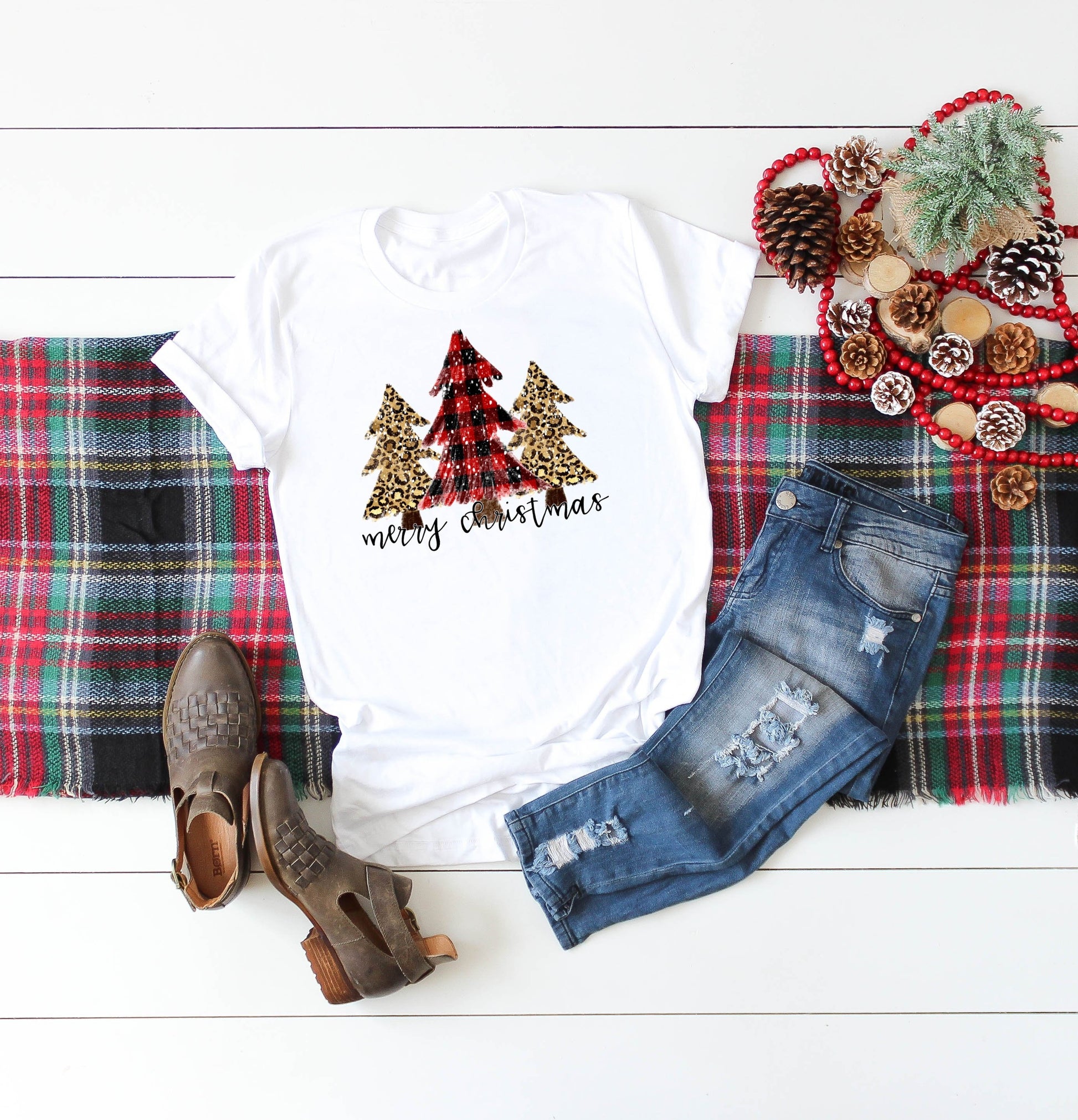 Merry Christmas Buffalo Plaid Leopard Print Christmas Trees Unisex White Graphic Tee T-Shirt