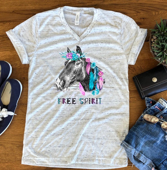 Horse Free Spirit Boho Feathers Floral Watercolor Unisex V Neck Graphic Tee T-Shirt