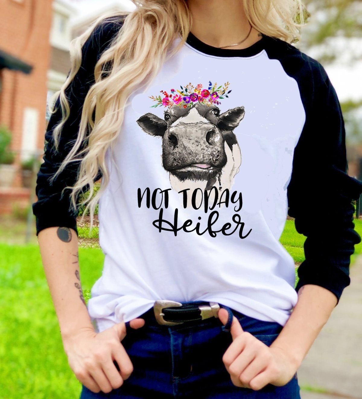 Not Today Heifer Funny Cow Farmer Novelty Graphic Tee T-Shirt Raglan Shirt