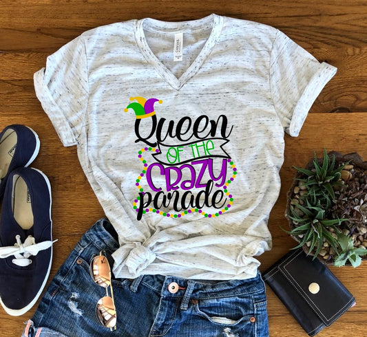 Queen Of The Crazy Parade Mardi Gras Beads Fun Unisex V Neck Graphic Tee T-Shirt