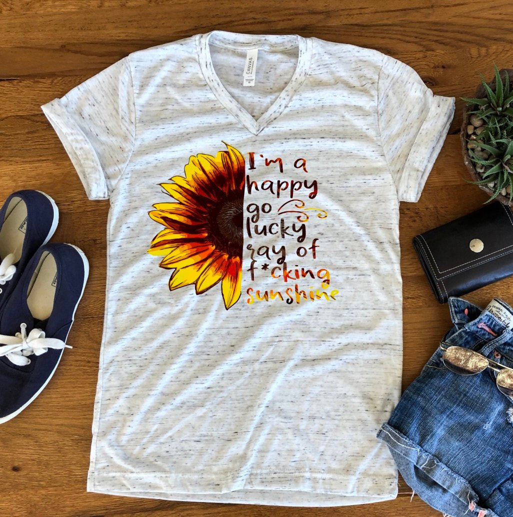 Happy Go Lucky Ray Of F-ing Sunshine Sunflower Funny Adult Humor Shirt White Marble Unisex V Neck T-Shirt