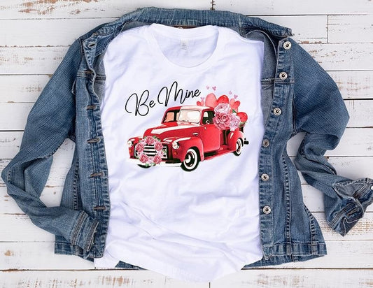 Be Mine Valentines Vintage Red Truck Love Hearts Valentine&#39;s Day Adult Shirt Unisex White T-Shirt