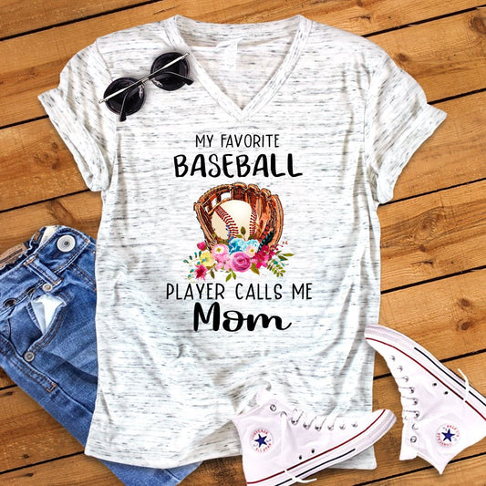My Favorite Player Calls Me Mom Baseball Mom Floral Watercolor Unisex V Neck Graphic Tee T-Shirt