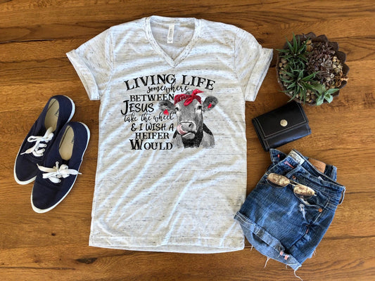 Living Life Heifer Funny Cow Bella White Marble Unisex V Neck T-Shirt