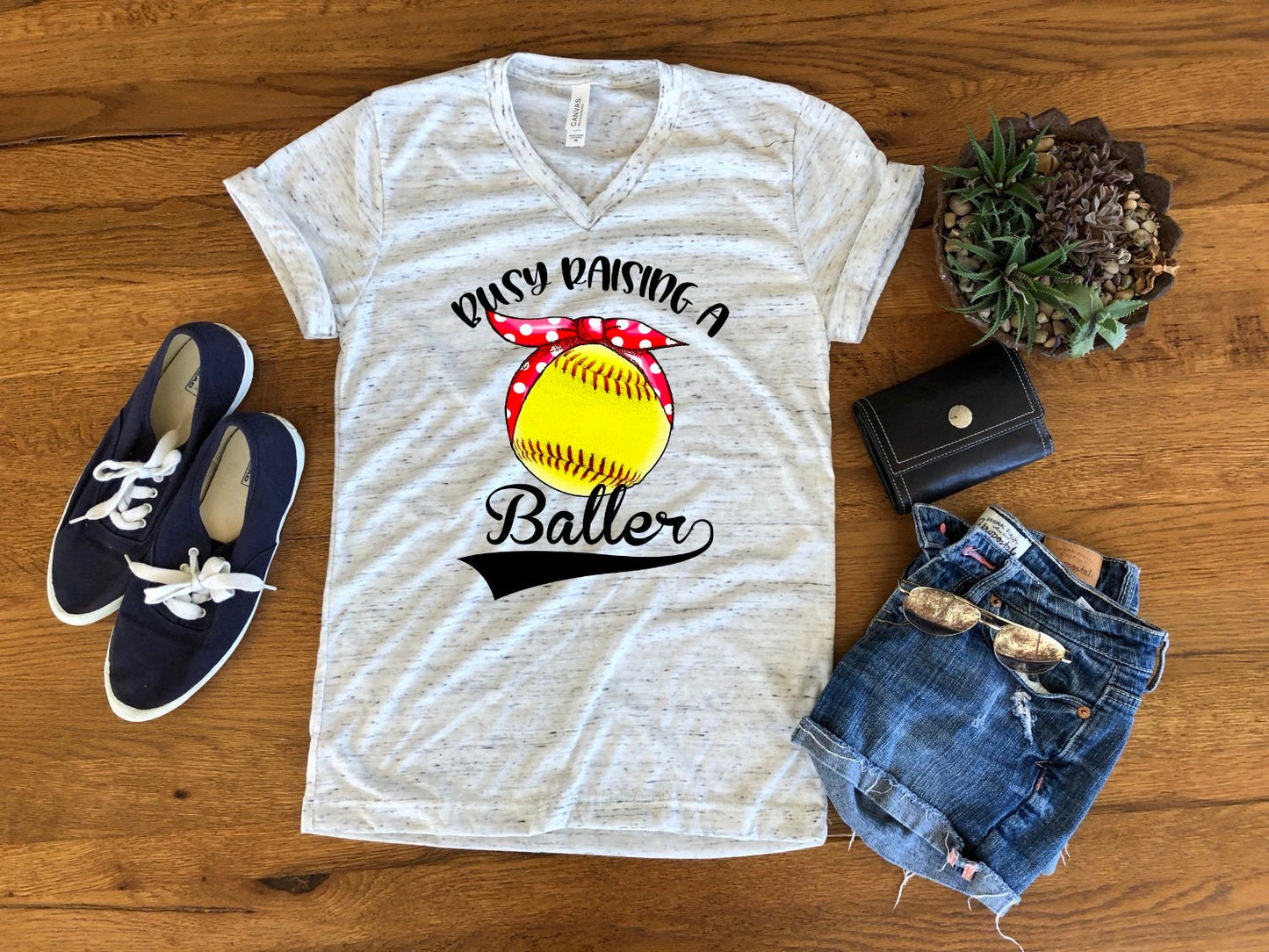 Busy Raising Baller Ballers Softball Mom with Bandanna Bella Marble Unisex V Neck T-Shirt