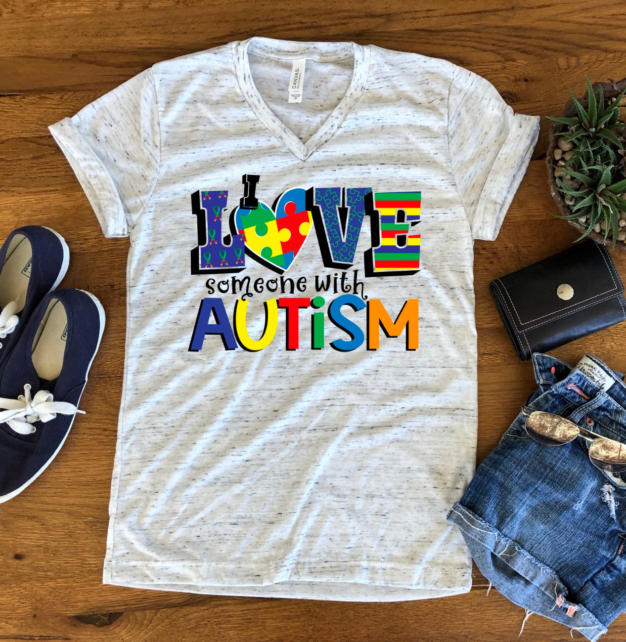 I Love Someone With Autism Inspirational Unisex V Neck Graphic Tee T-Shirt