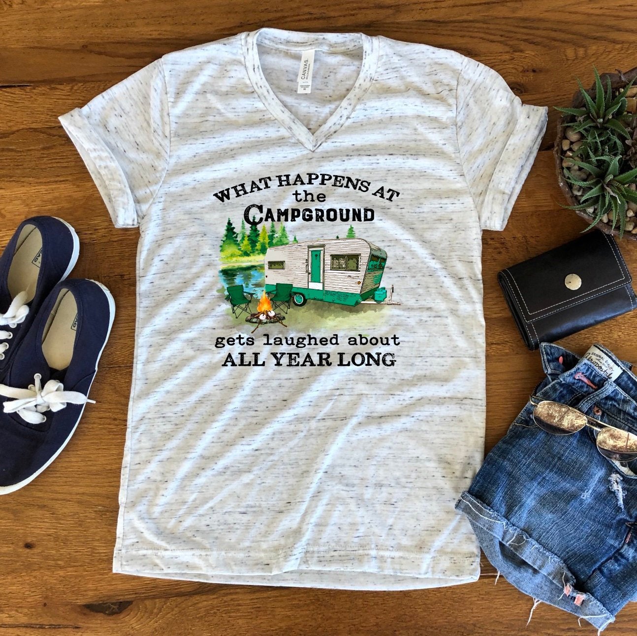 What Happens At The Campground Camper Camping RV Floral Watercolor Unisex V Neck Graphic Tee T-Shirt