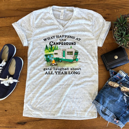 What Happens At The Campground Camper Camping RV Floral Watercolor Unisex V Neck Graphic Tee T-Shirt