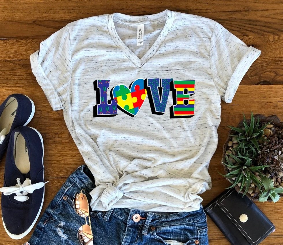 I Love Someone With Autism Awareness Unisex V Neck Graphic Tee T-Shirt
