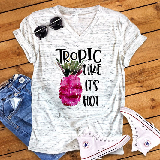 Tropic Like It&#39;s Hot Funny Pineapple Bella White Marble Unisex V Neck T-Shirt