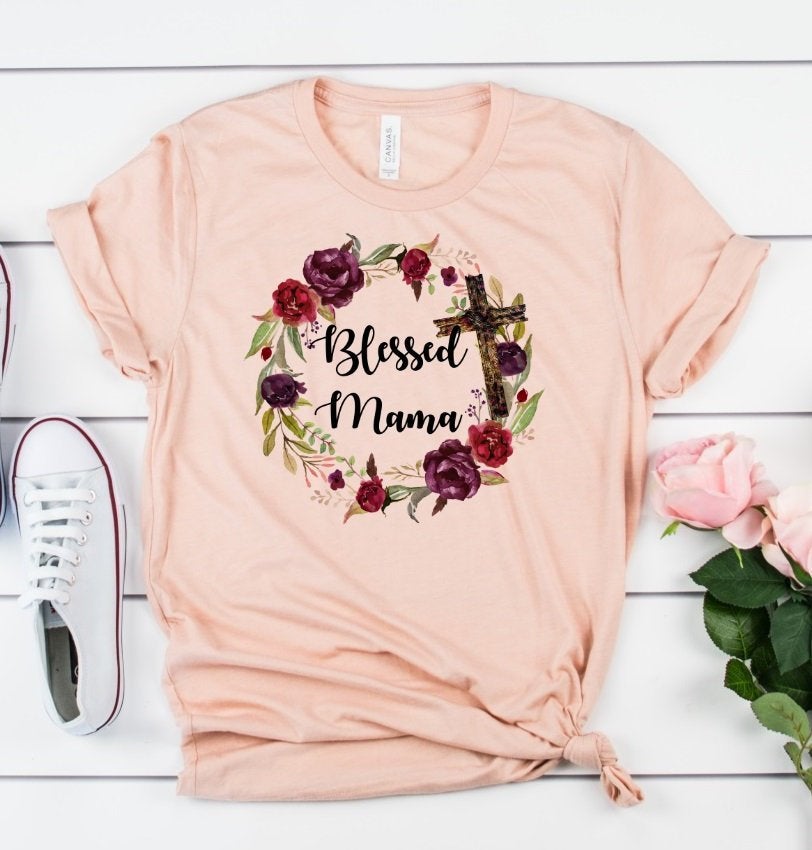 Blessed Mama Mom Floral Christian Wreath Novelty T-Shirt