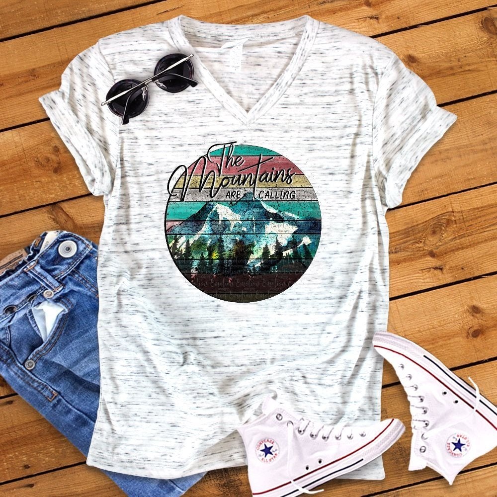 The Mountains Are Calling Hiking Woods Camping Unisex V Neck Graphic Tee T-Shirt