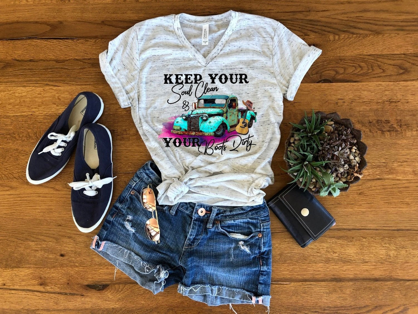 Keep Your Soul Clean And Your Boots Dirty Vintage Truck Unisex V Neck Graphic Tee T-Shirt