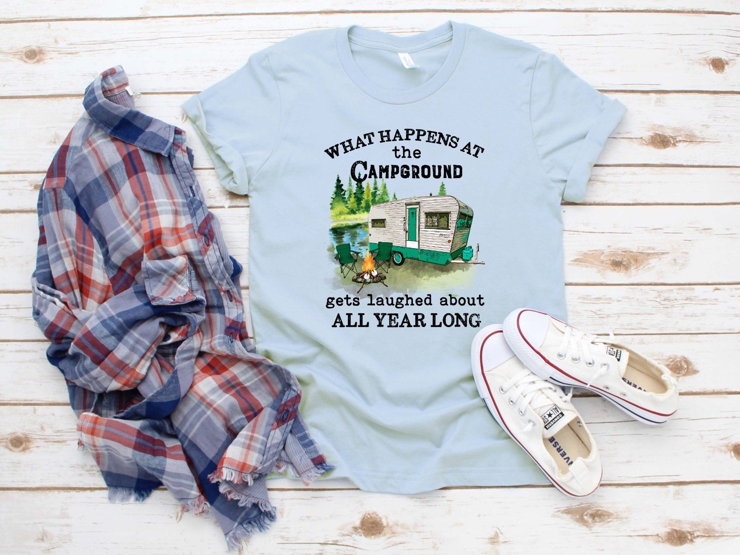 What Happens At The Campground Funny Camper Camping RV Watercolor Novelty T-Shirt