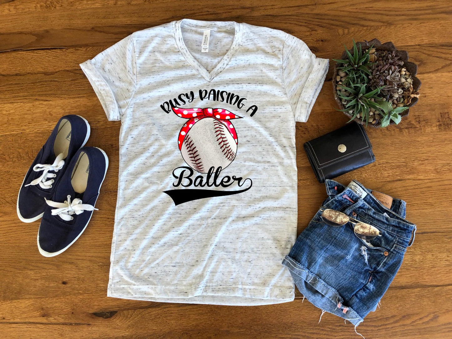 Busy Raising Baller Ballers Baseball Mom Bella White Marble Unisex V Neck T-Shirt