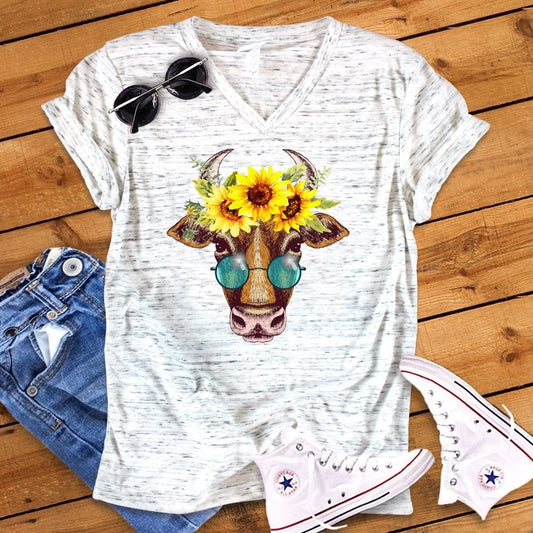 Cow With Sunglasses Sunflowers Bella White Marble Unisex V Neck T-Shirt