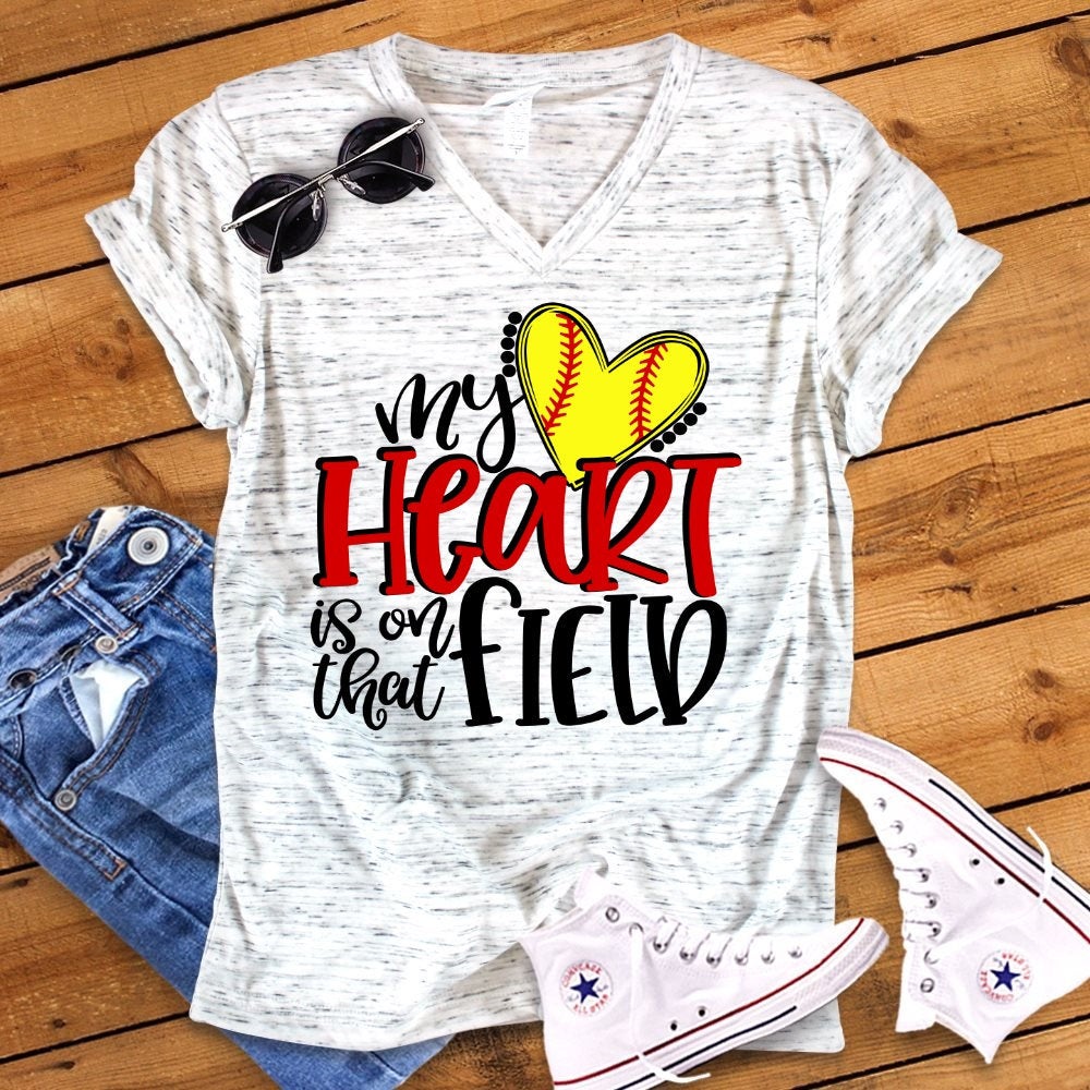 My Heart Is On The Field Softball Mom Unisex V Neck Graphic Tee T-Shirt