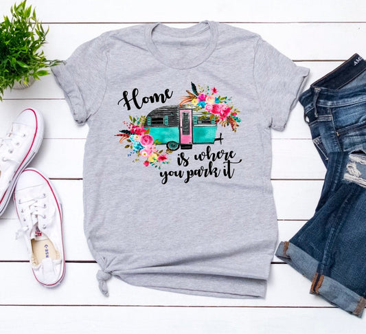 Home Is Where You Park It Camping RV Floral Watercolor Unisex Sport Grey Graphic Tee T-Shirt