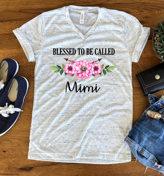 Blessed To Be Called Mimi Grandma Floral Unisex V Neck T-Shirt