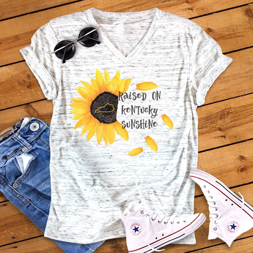 Raised On Kentucky Sunshine Sunflower Shirt White Marble Unisex V Neck T-Shirt