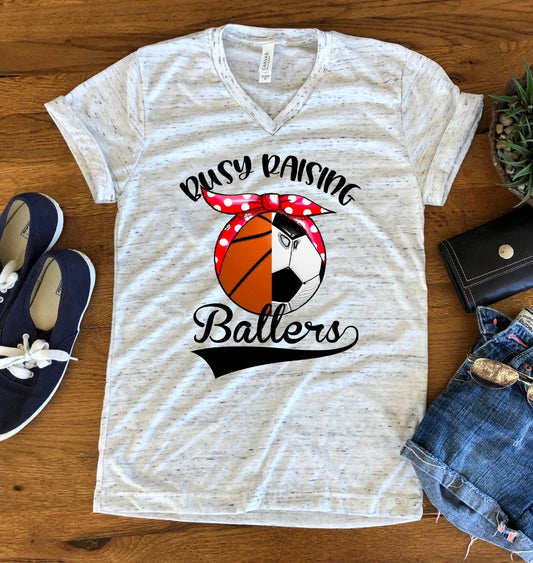 Busy Raising Baller Ballers Basketball Soccer Mom Bella White Marble Unisex V Neck T-Shirt