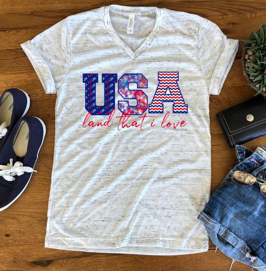 USA Land That I Love American Pride Unisex V Neck Graphic Tee T-Shirt