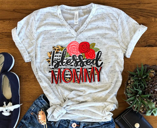 Blessed Mommy Leopard Print Roses Mother Mom Bella Unisex V Neck T-Shirt