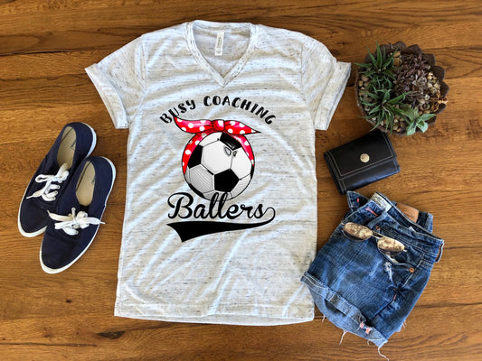 Busy Coaching Baller Ballers Soccer Coach Bella White Marble Unisex V Neck T-Shirt