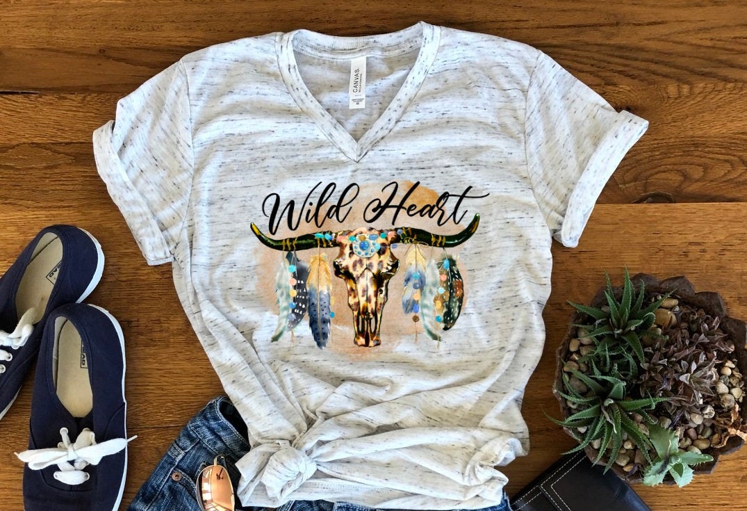 Wild Heart Boho Cow Skull Steer Heifer Bella Unisex V Neck T-Shirt