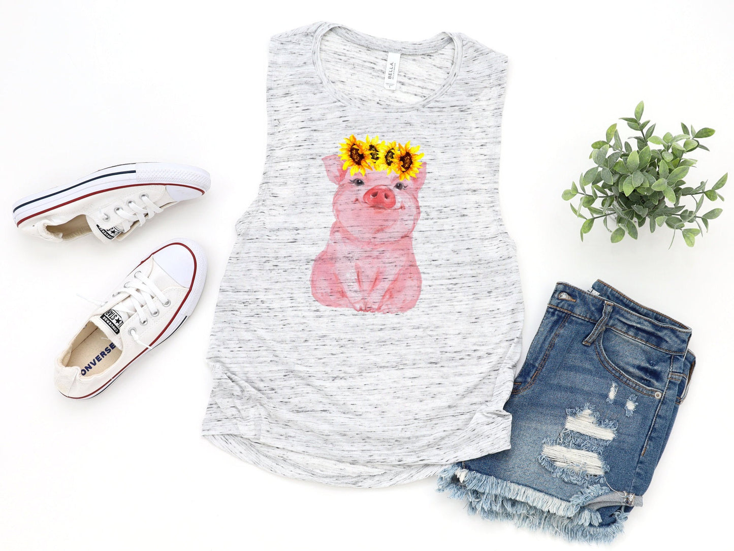 Pig With Sunflowers Floral Novelty Women’s Flowy Scoop Muscle Tank Shirt